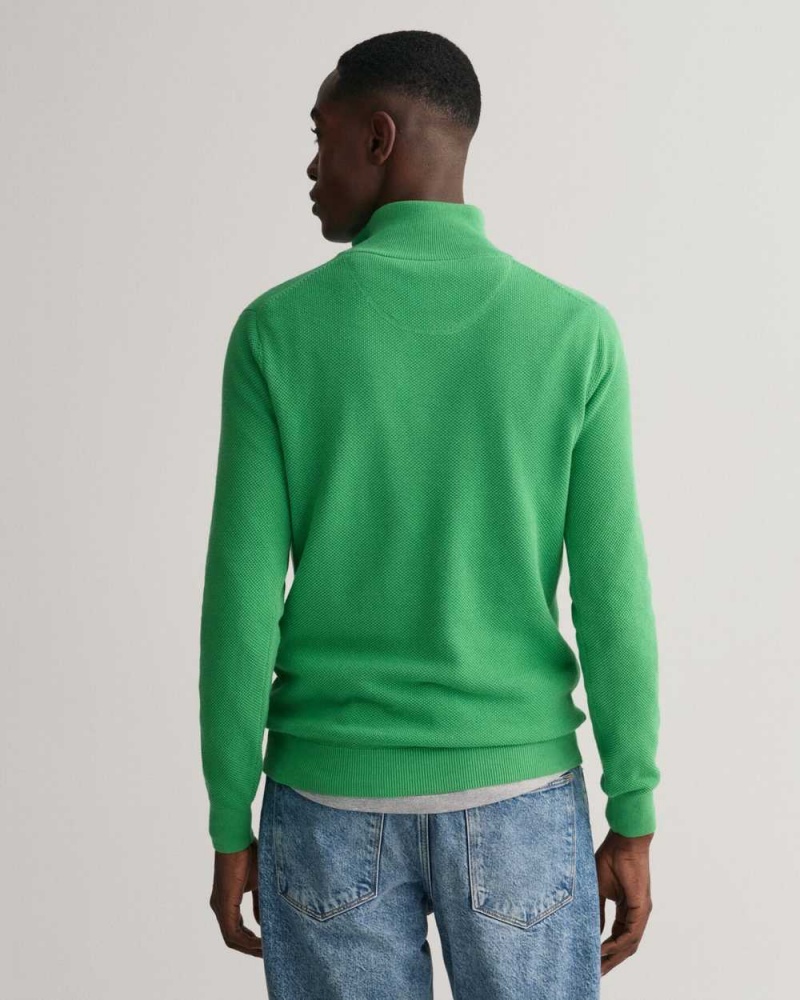 Gant Cotton Piqué Half-Zip Men's Sweater Mid Green | TUZWK-3597