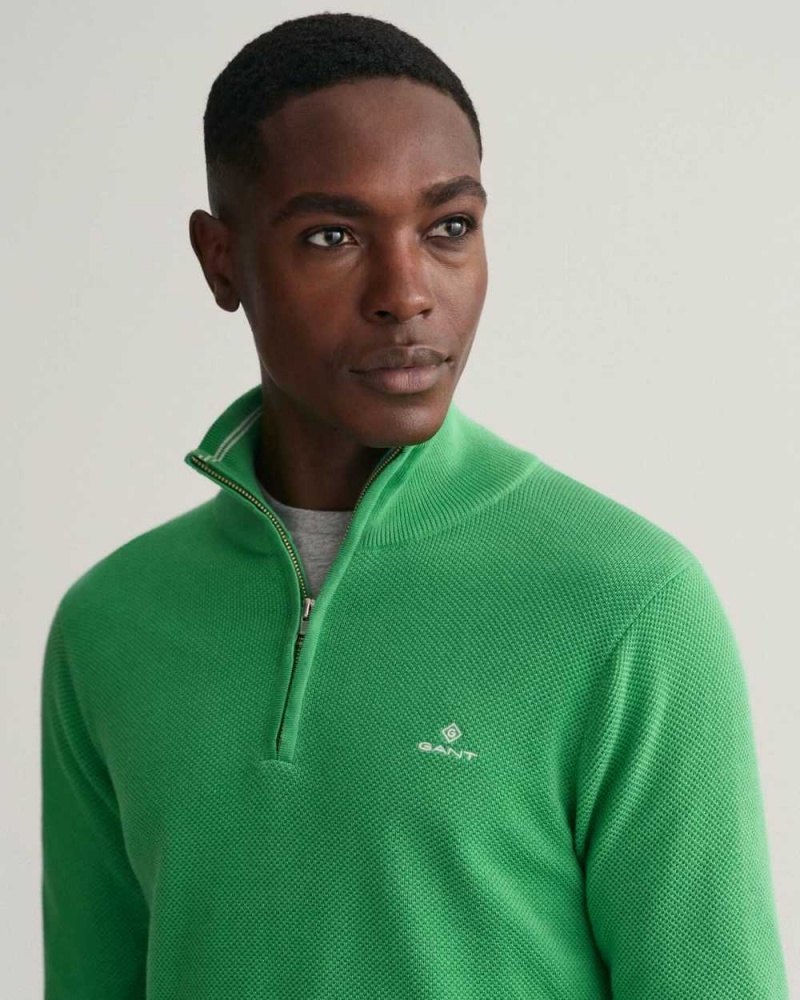 Gant Cotton Piqué Half-Zip Men's Sweater Mid Green | TUZWK-3597