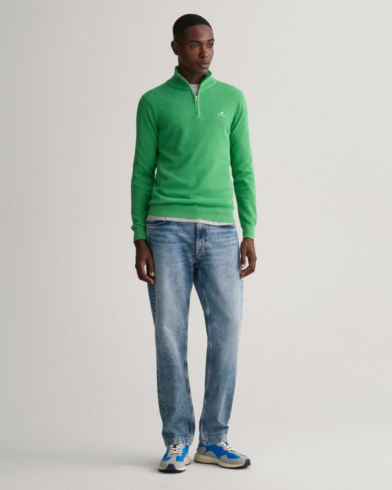 Gant Cotton Piqué Half-Zip Men's Sweater Mid Green | TUZWK-3597