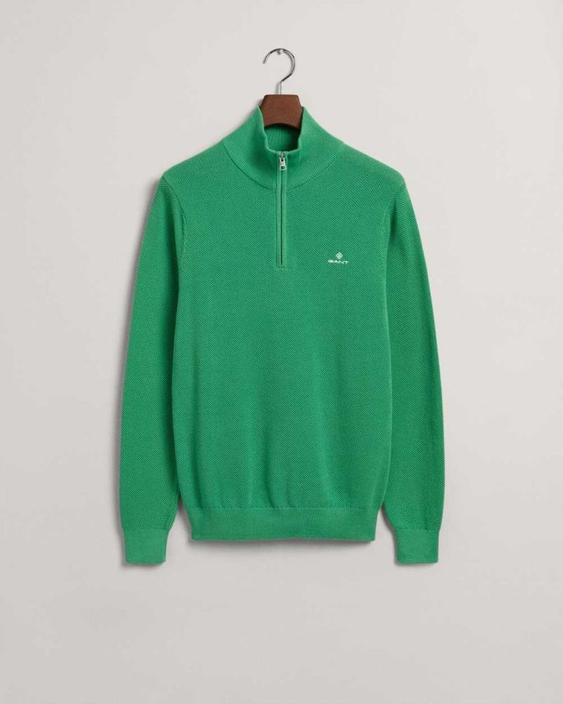 Gant Cotton Piqué Half-Zip Men's Sweater Mid Green | TUZWK-3597