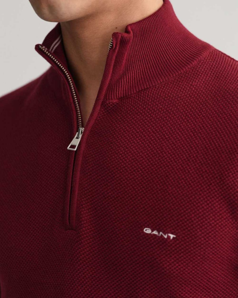 Gant Cotton Piqué Half-Zip Men's Sweater Plumped Red | ALSQW-3760