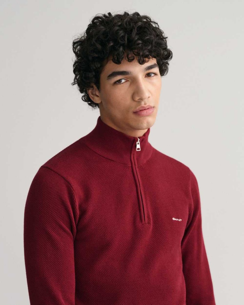 Gant Cotton Piqué Half-Zip Men's Sweater Plumped Red | ALSQW-3760