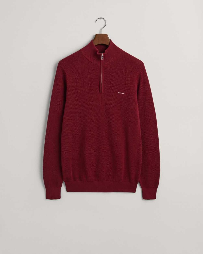 Gant Cotton Piqué Half-Zip Men's Sweater Plumped Red | ALSQW-3760