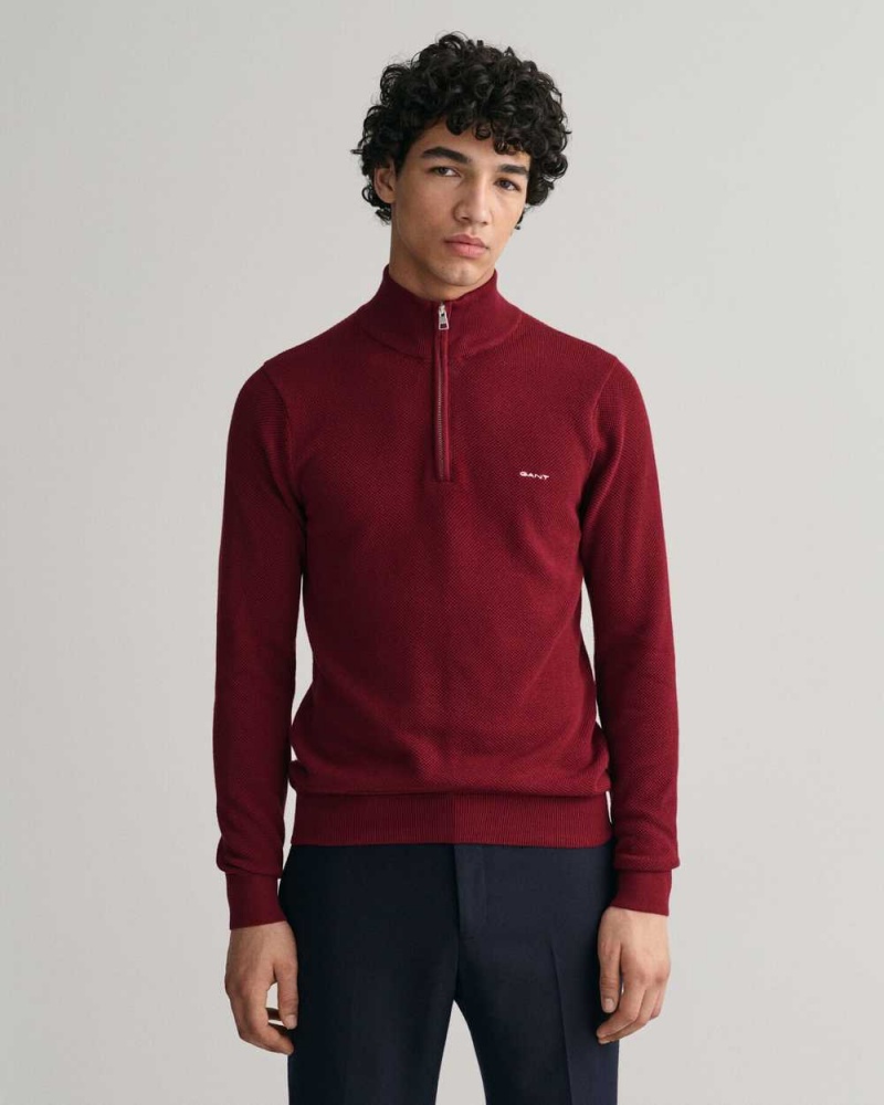 Gant Cotton Piqué Half-Zip Men\'s Sweater Plumped Red | ALSQW-3760