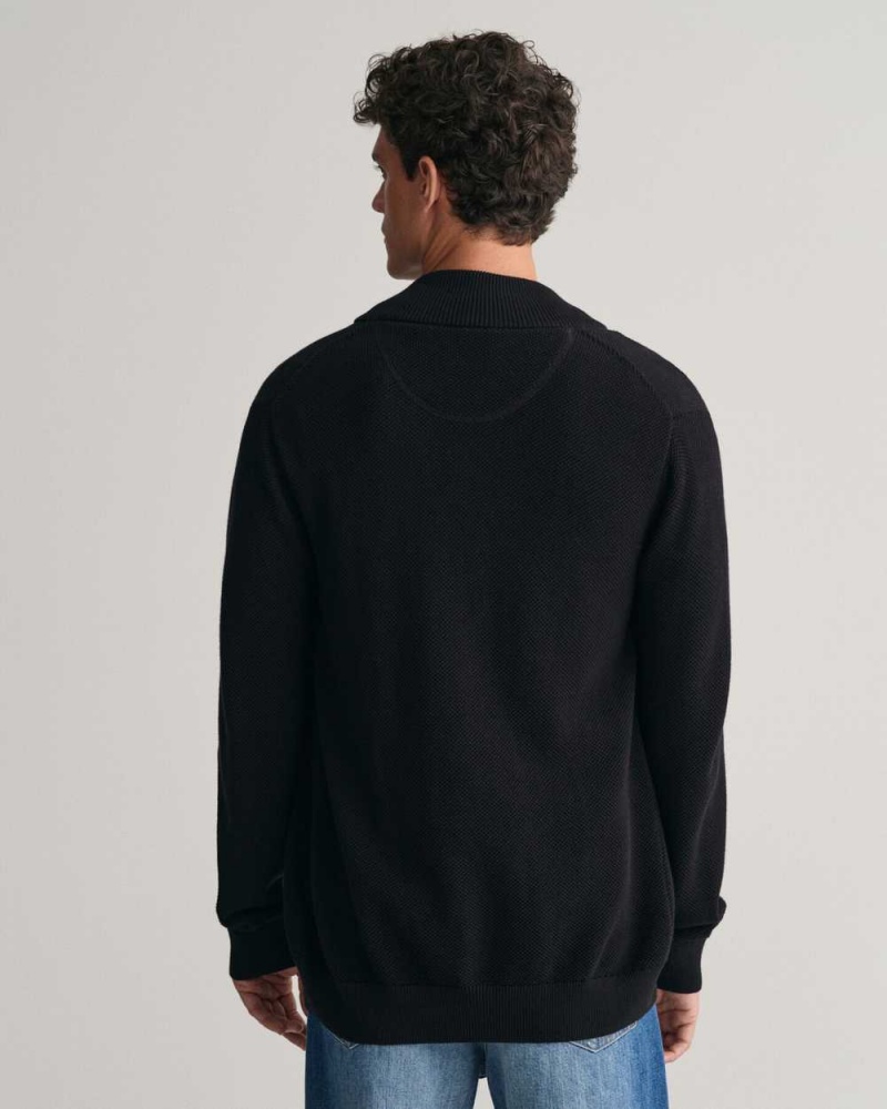 Gant Cotton Piqué Zip Men's Cardigan Black | NQWOT-7508