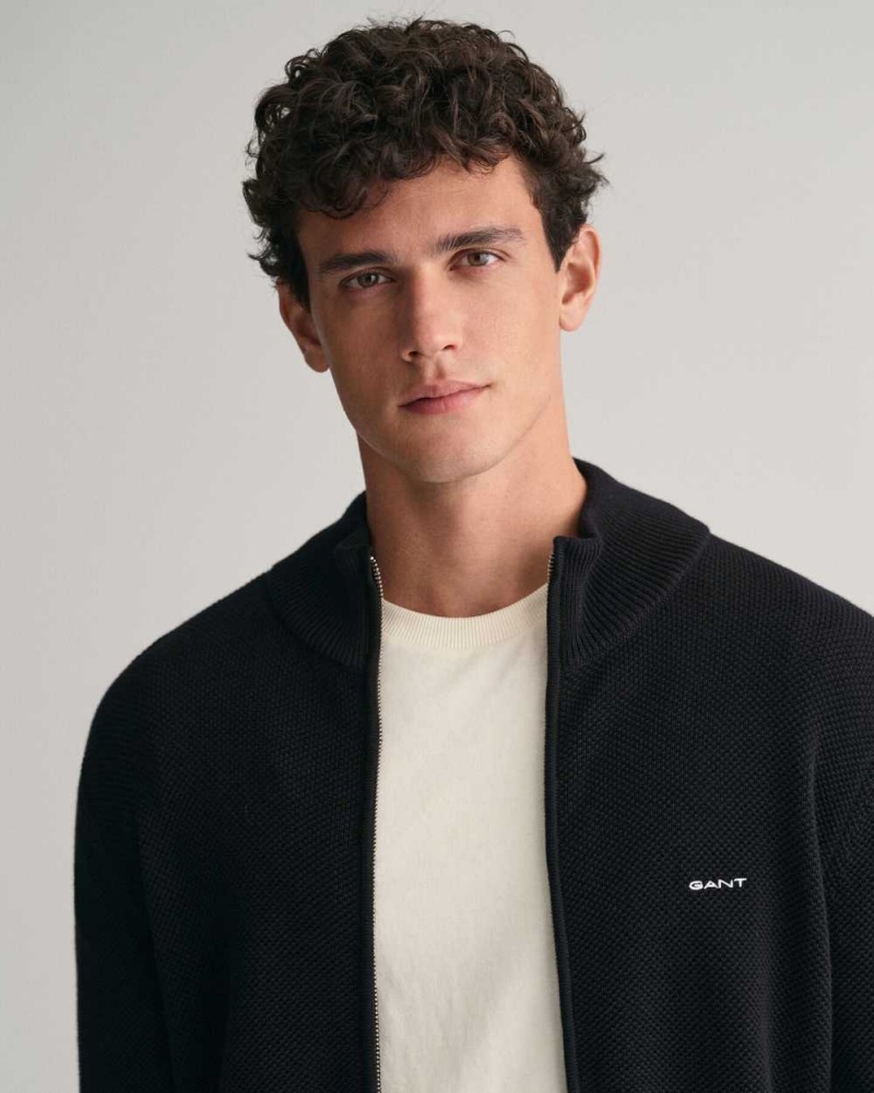 Gant Cotton Piqué Zip Men's Cardigan Black | NQWOT-7508