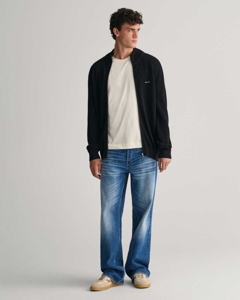 Gant Cotton Piqué Zip Men's Cardigan Black | NQWOT-7508