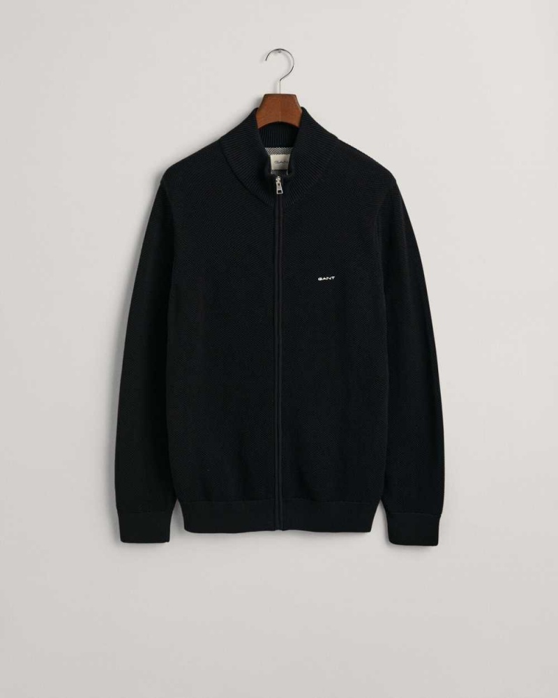 Gant Cotton Piqué Zip Men's Cardigan Black | NQWOT-7508