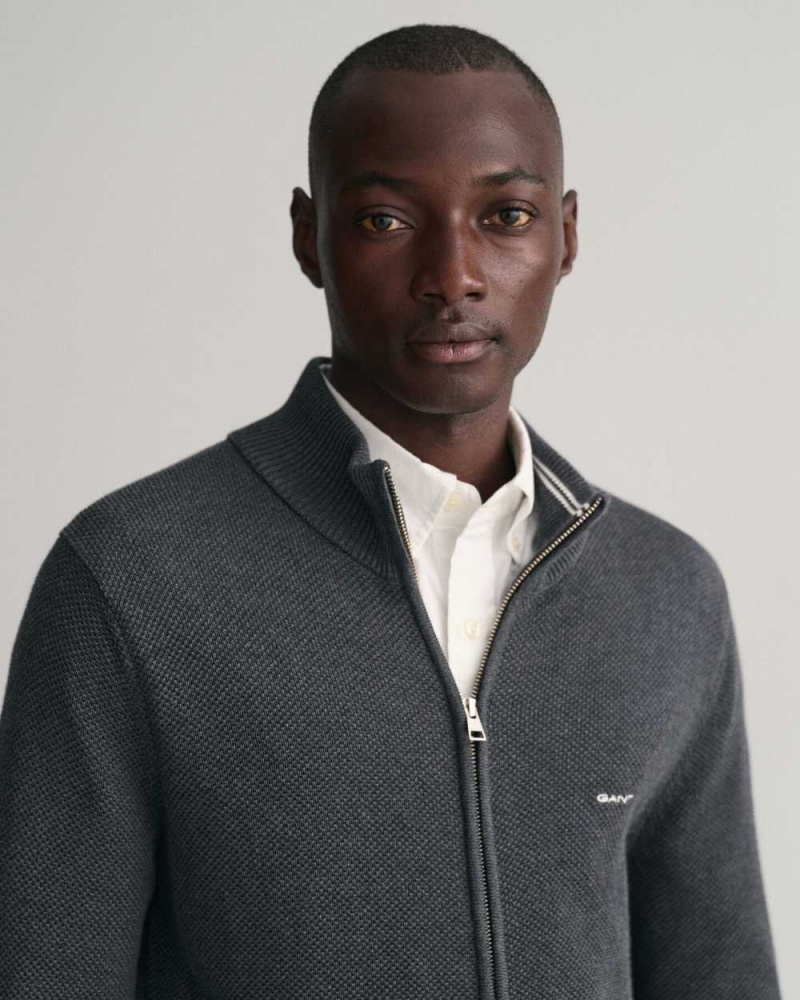 Gant Cotton Piqué Zip Men's Cardigan Dark Grey | EXAHV-3129