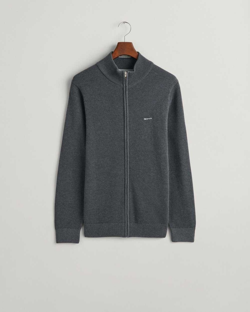 Gant Cotton Piqué Zip Men's Cardigan Dark Grey | EXAHV-3129