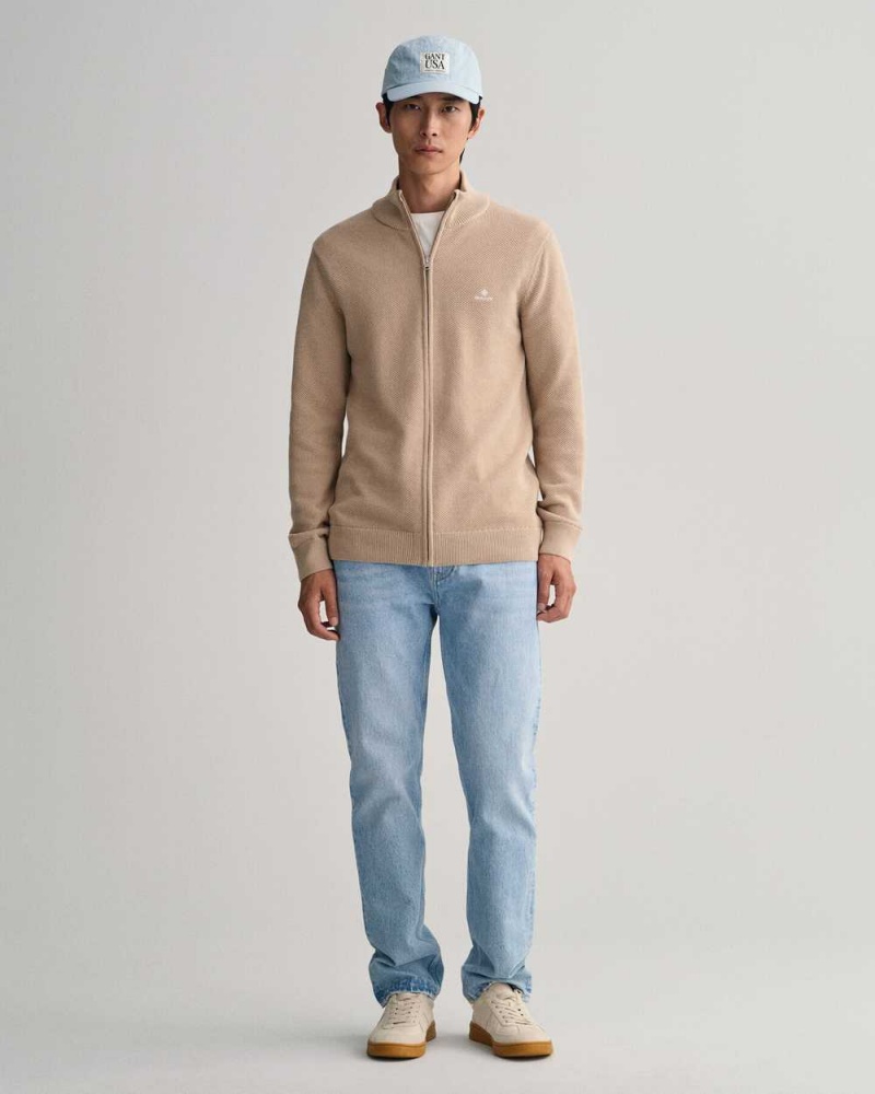 Gant Cotton Piqué Zip Men's Cardigan Dry Sand | AVRUJ-1760