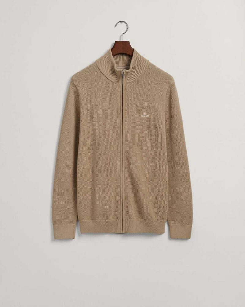 Gant Cotton Piqué Zip Men's Cardigan Dry Sand | AVRUJ-1760