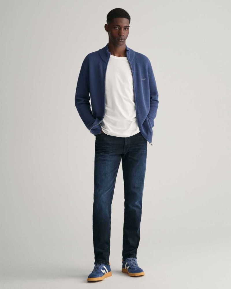 Gant Cotton Piqué Zip Men's Cardigan Dusty Blue Sea | SYKXV-9514