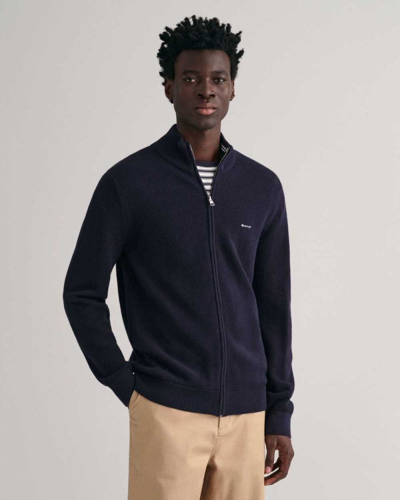 Gant Cotton Piqué Zip Men\'s Cardigan Evening Blue | DGTFE-5370