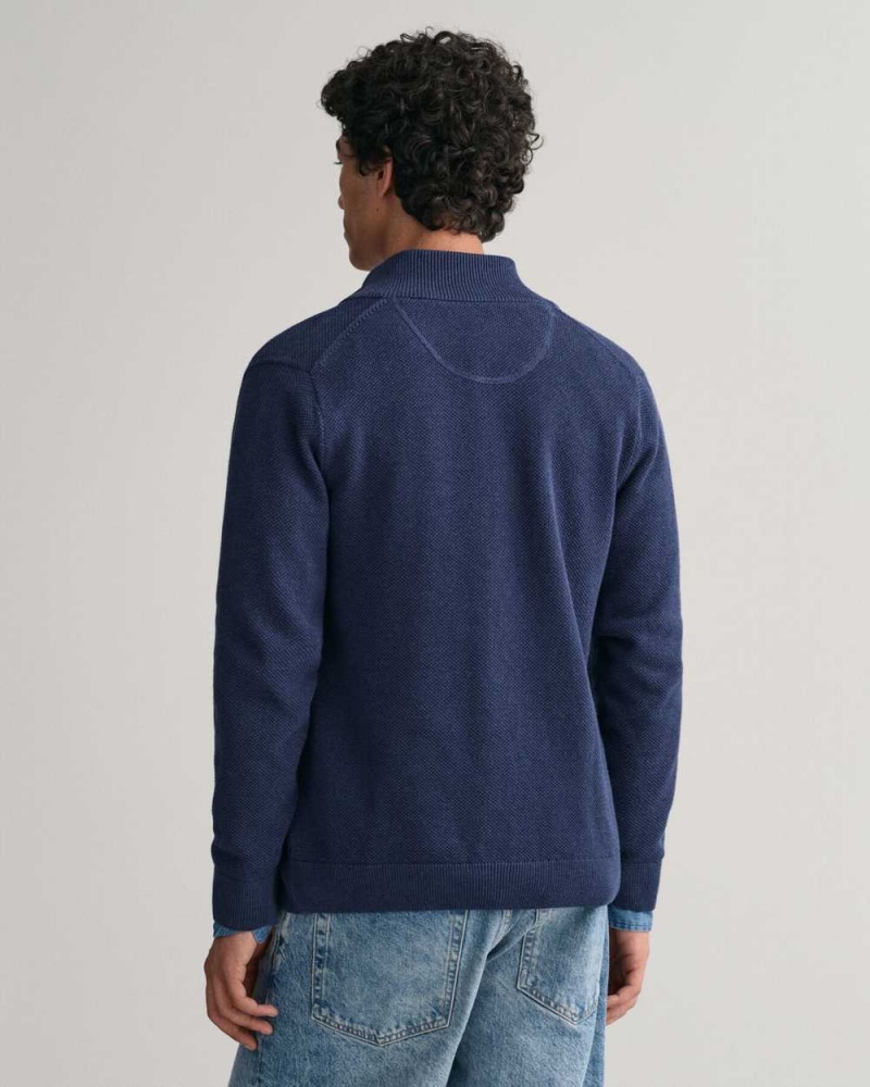 Gant Cotton Piqué Zip Men's Cardigan Marine Melange | BPGUA-7826