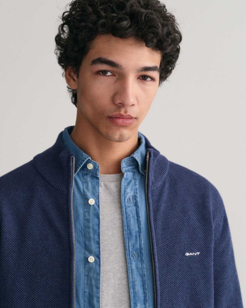 Gant Cotton Piqué Zip Men's Cardigan Marine Melange | BPGUA-7826