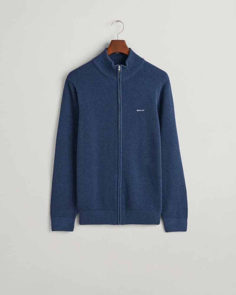 Gant Cotton Piqué Zip Men's Cardigan Marine Melange | BPGUA-7826