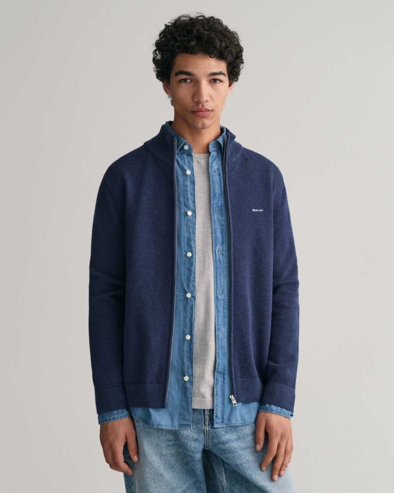 Gant Cotton Piqué Zip Men\'s Cardigan Marine Melange | BPGUA-7826