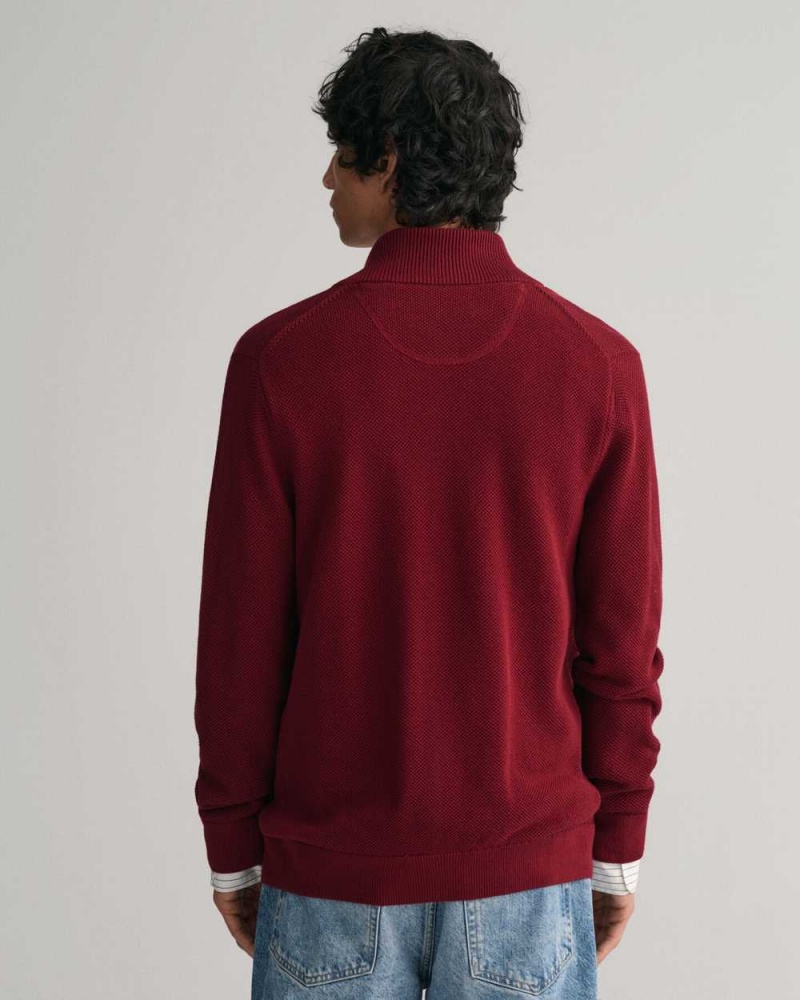 Gant Cotton Piqué Zip Men's Cardigan Plumped Red | KDYSA-5617