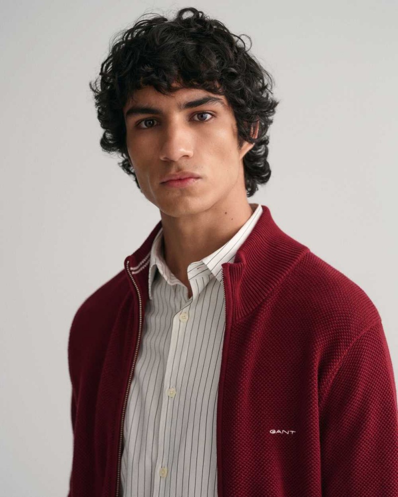 Gant Cotton Piqué Zip Men's Cardigan Plumped Red | KDYSA-5617