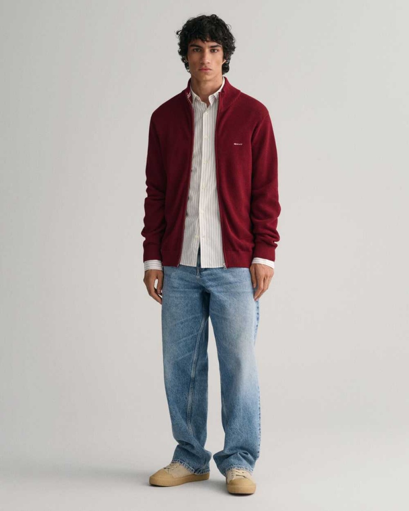 Gant Cotton Piqué Zip Men's Cardigan Plumped Red | KDYSA-5617