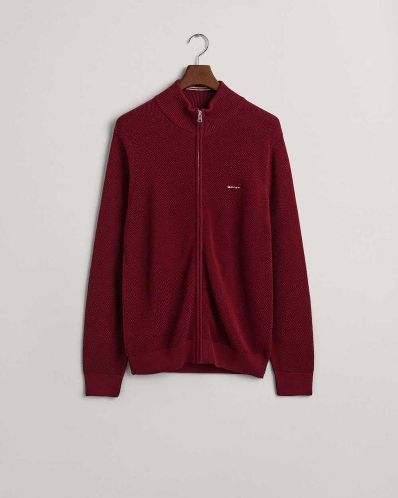 Gant Cotton Piqué Zip Men's Cardigan Plumped Red | KDYSA-5617