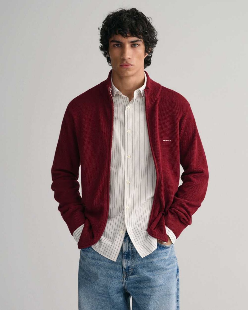 Gant Cotton Piqué Zip Men\'s Cardigan Plumped Red | KDYSA-5617