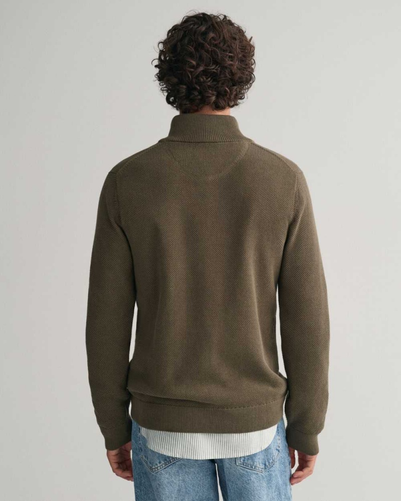 Gant Cotton Piqué Zip Men's Cardigan Racing Green | KGMZL-2850