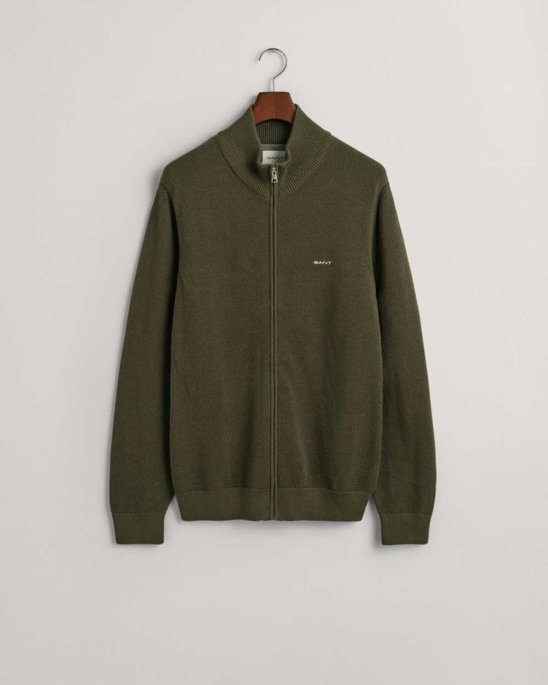 Gant Cotton Piqué Zip Men's Cardigan Racing Green | KGMZL-2850