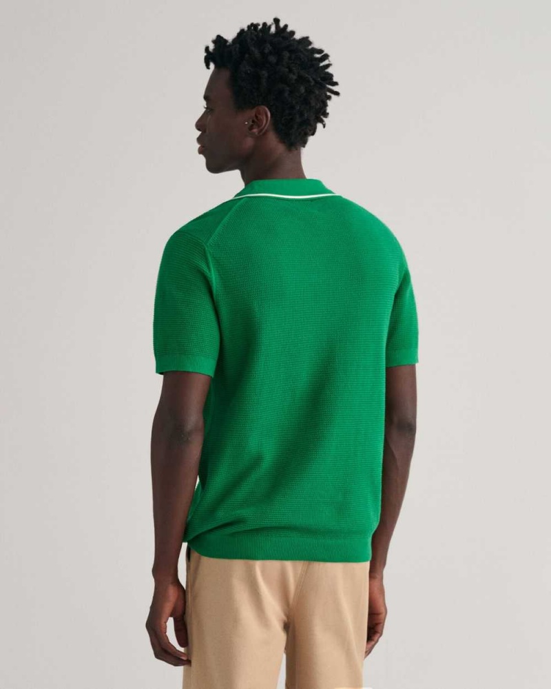 Gant Cotton Textured Open Collar Polo Men's Sweater Lavish Green | GLVCN-4810