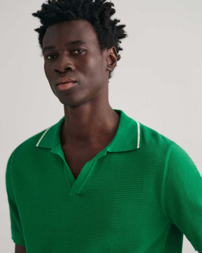 Gant Cotton Textured Open Collar Polo Men's Sweater Lavish Green | GLVCN-4810