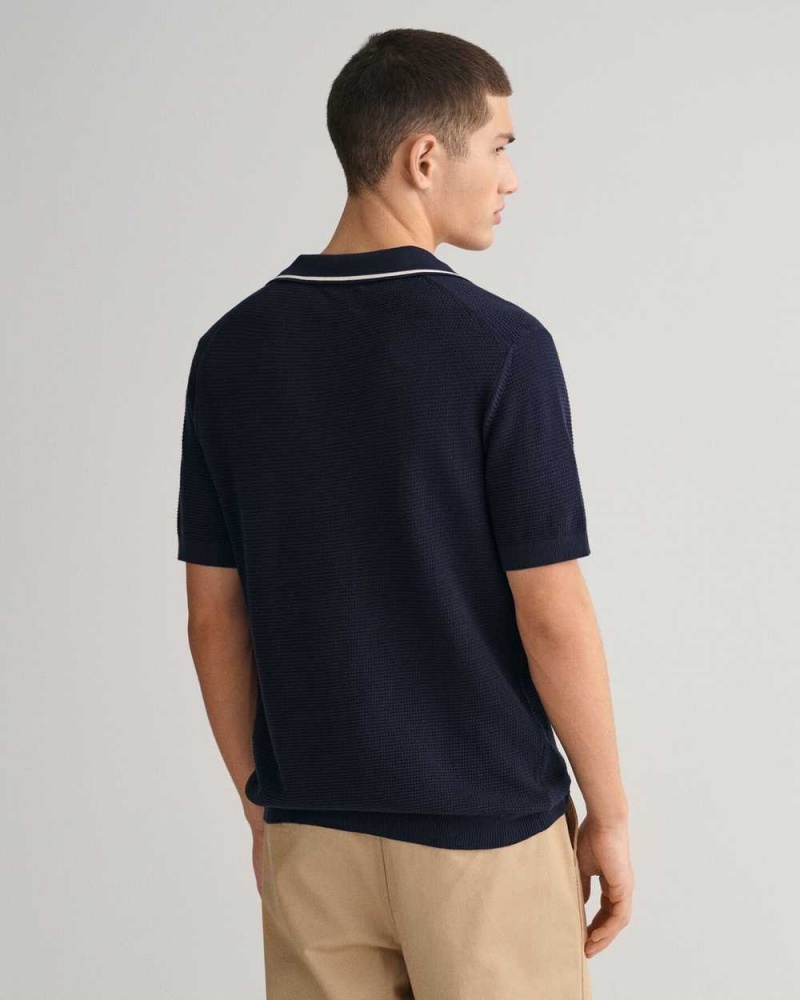 Gant Cotton Textured Open Collar Polo Men's Sweater Evening Blue | FASCQ-6720