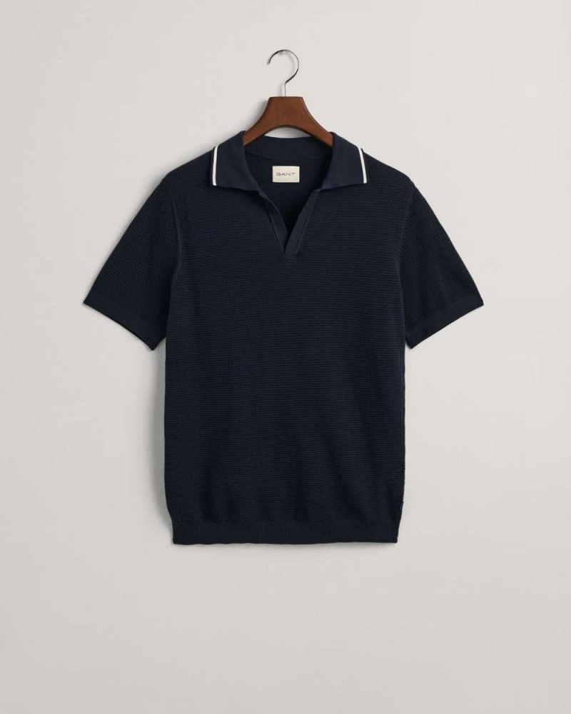 Gant Cotton Textured Open Collar Polo Men's Sweater Evening Blue | FASCQ-6720