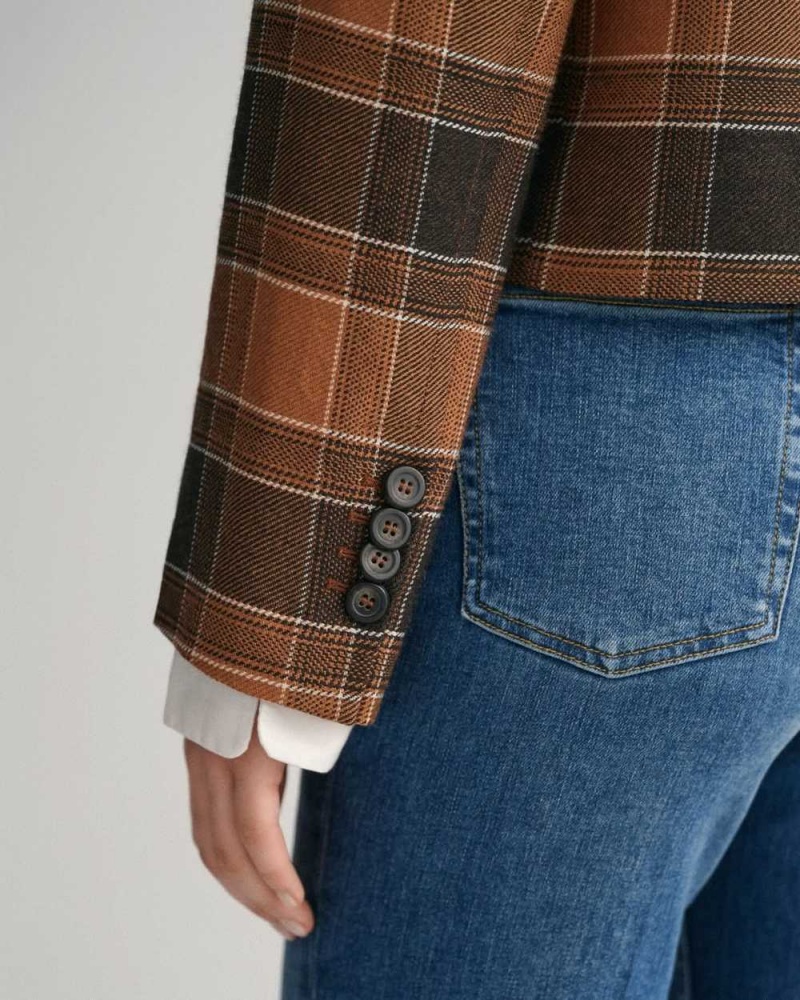 Gant Cropped Checked Wool Women's Blazer Cinnamon Brown | UJAWE-2954