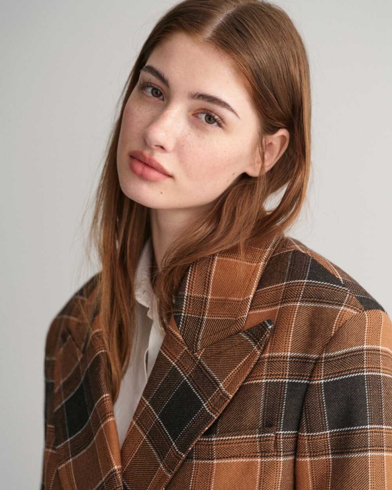 Gant Cropped Checked Wool Women's Blazer Cinnamon Brown | UJAWE-2954