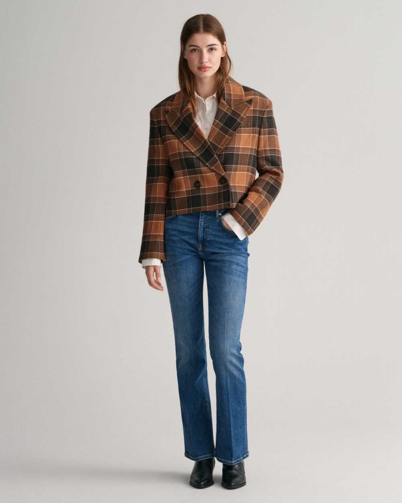 Gant Cropped Checked Wool Women's Blazer Cinnamon Brown | UJAWE-2954