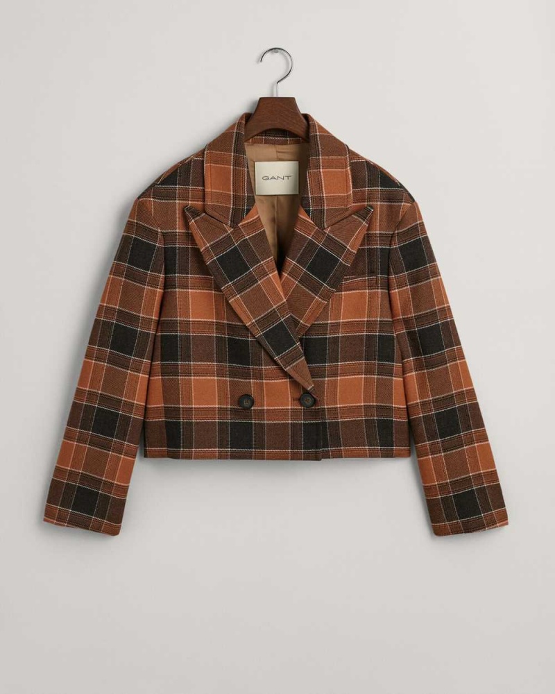 Gant Cropped Checked Wool Women's Blazer Cinnamon Brown | UJAWE-2954