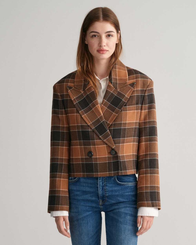 Gant Cropped Checked Wool Women\'s Blazer Cinnamon Brown | UJAWE-2954