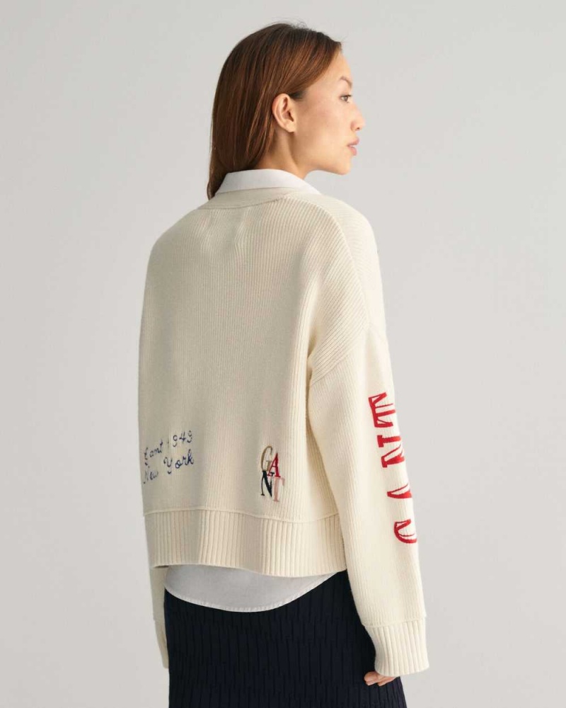 Gant Cropped GANT Varsity Women's Cardigan Cream | HFOBG-5763