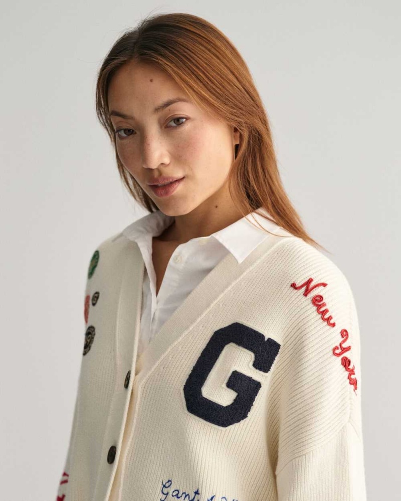 Gant Cropped GANT Varsity Women's Cardigan Cream | HFOBG-5763