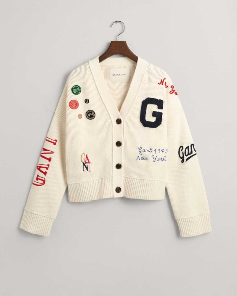 Gant Cropped GANT Varsity Women's Cardigan Cream | HFOBG-5763