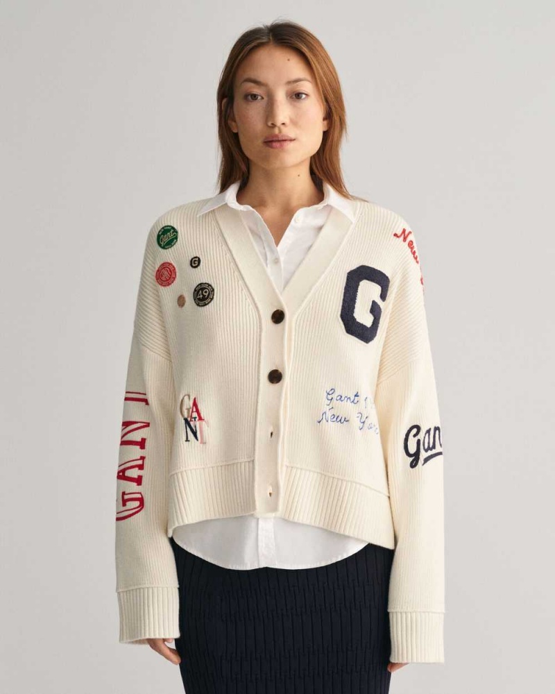 Gant Cropped GANT Varsity Women\'s Cardigan Cream | HFOBG-5763