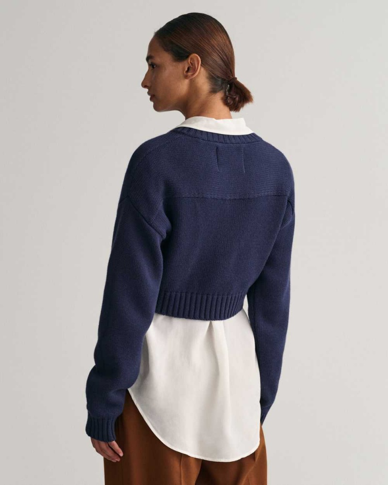 Gant Cropped V-Neck Women's Sweater Evening Blue | KOFJA-6138