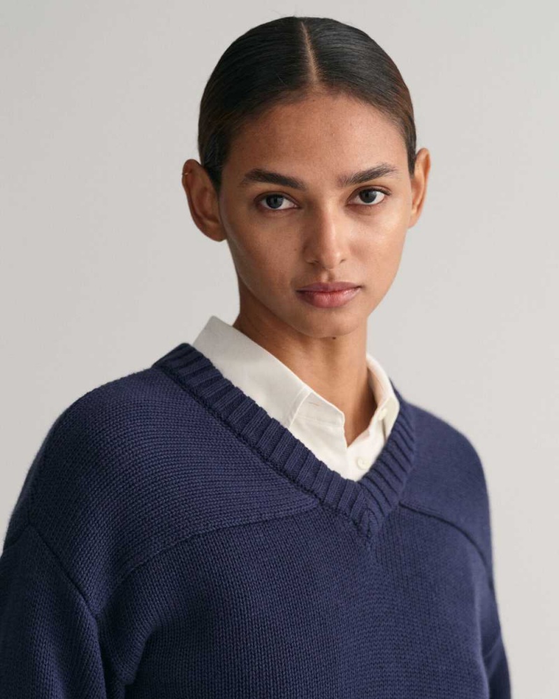 Gant Cropped V-Neck Women's Sweater Evening Blue | KOFJA-6138