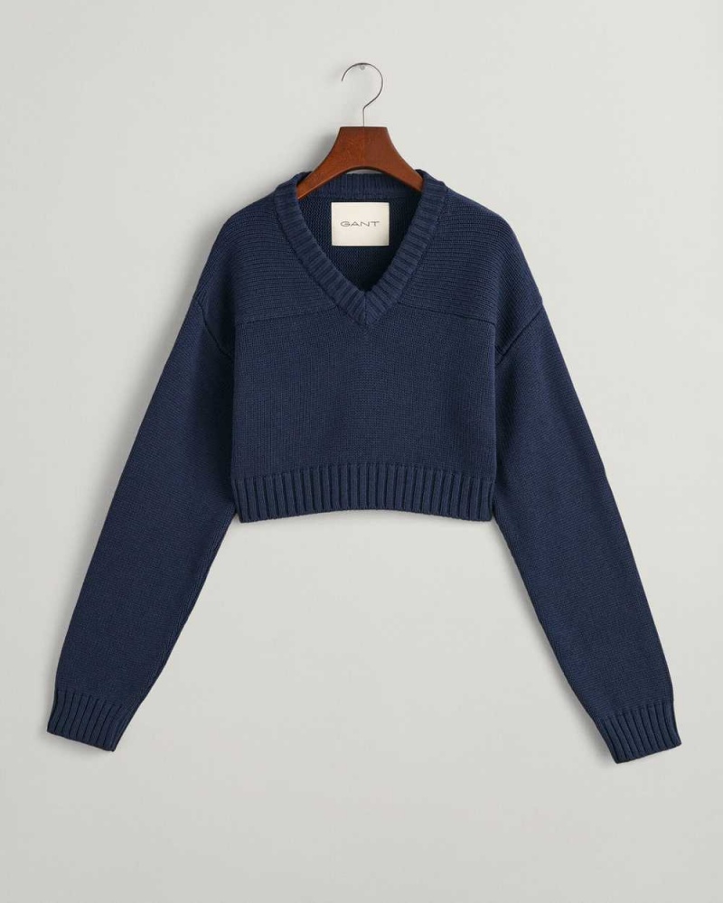 Gant Cropped V-Neck Women's Sweater Evening Blue | KOFJA-6138