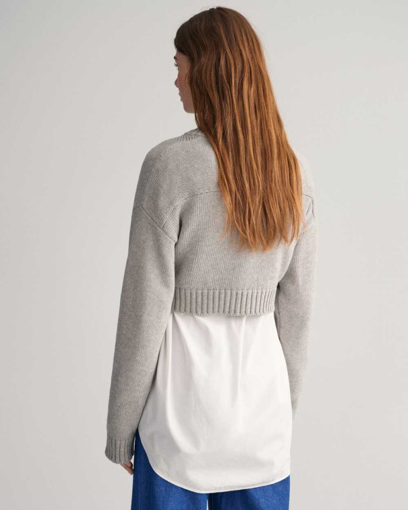 Gant Cropped V-Neck Women's Sweater Grey Melange | ZNWFR-9586