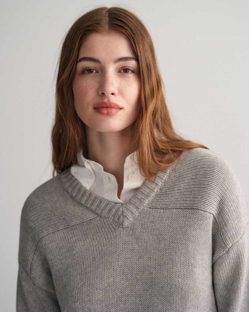 Gant Cropped V-Neck Women's Sweater Grey Melange | ZNWFR-9586