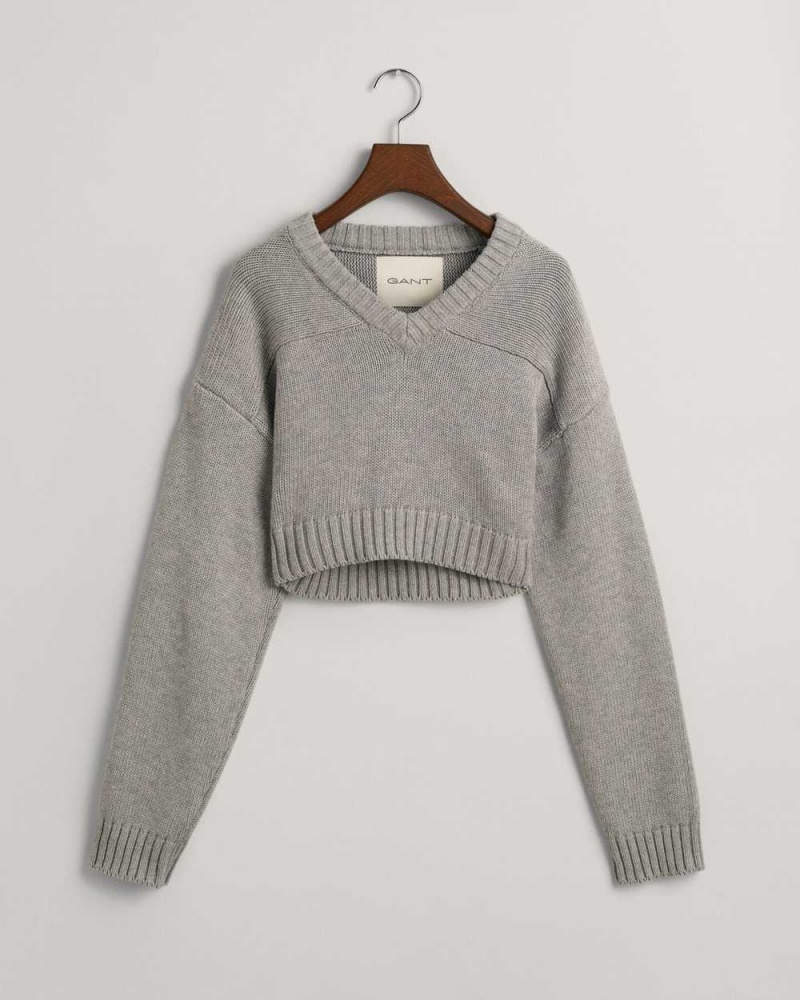 Gant Cropped V-Neck Women's Sweater Grey Melange | ZNWFR-9586