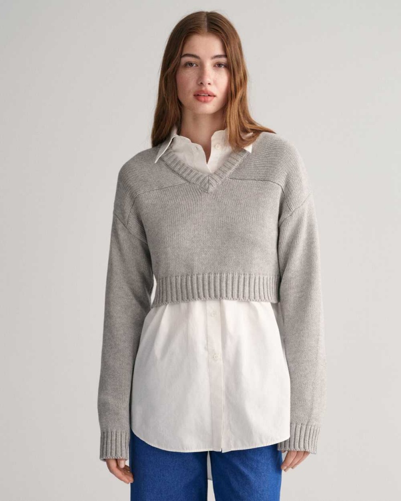 Gant Cropped V-Neck Women\'s Sweater Grey Melange | ZNWFR-9586