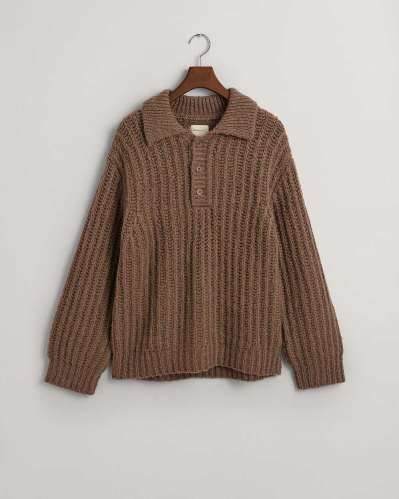 Gant Curly Wool Ribbed Polo Men's Sweater Desert Brown | VXRIY-0671